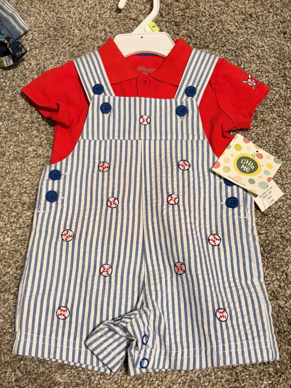 Little Me Red Polo with Blue-and-White Striped Baseball Shortalls